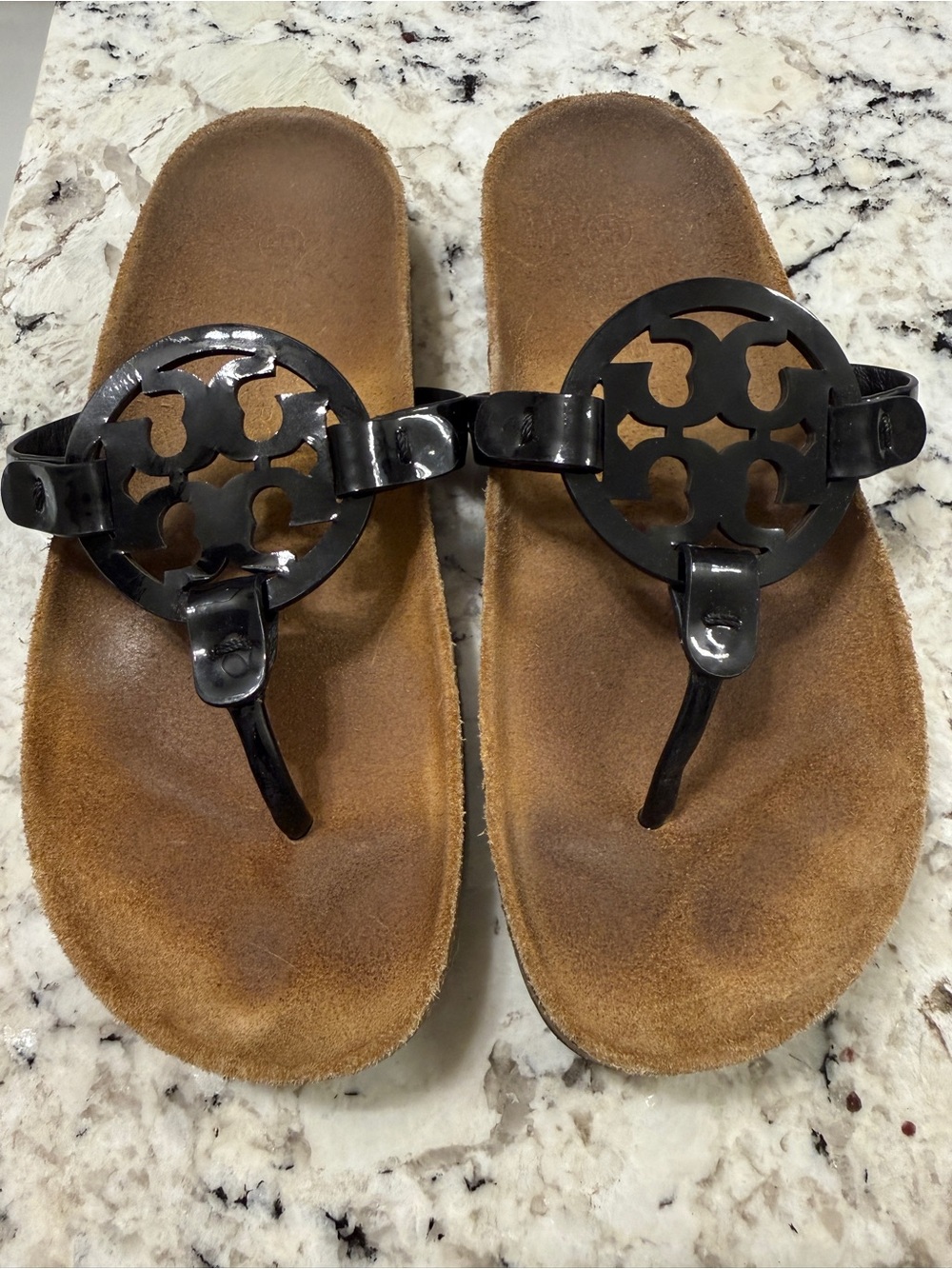 Tory Burch Black Cloud Miller Logo Thong Sandals with Brown Footbed